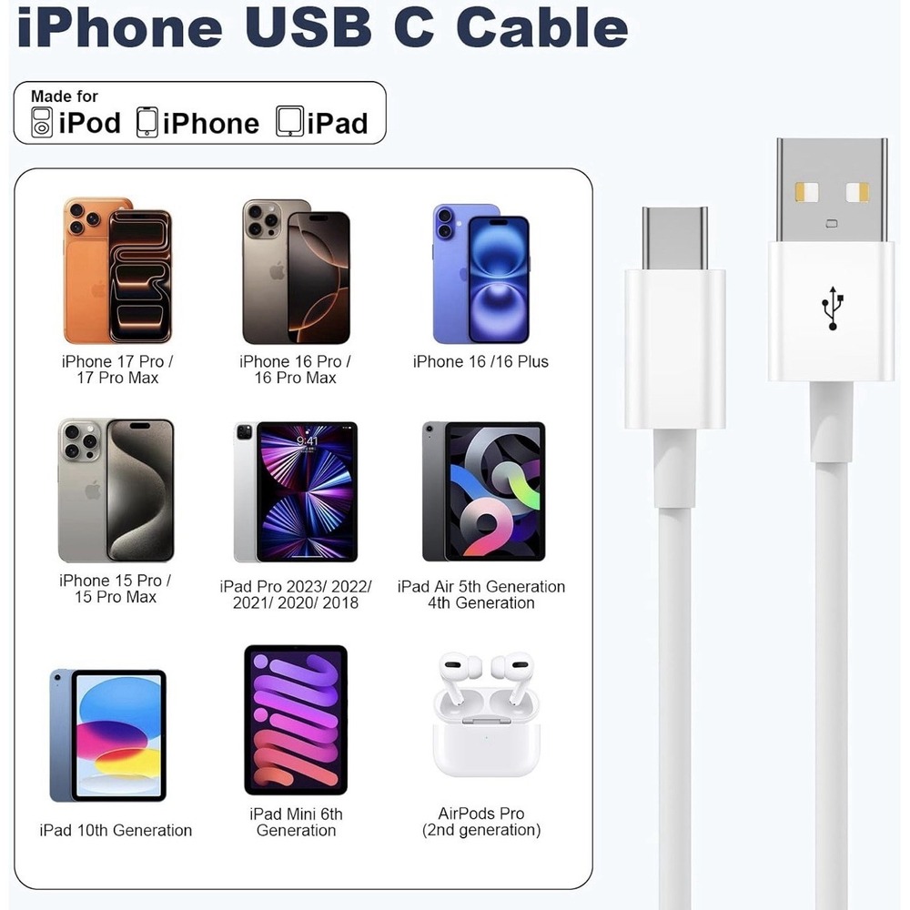 D0049-USB-A to USB-C Cable for iPhone 15 16 17 Pro Max CarPlay White 3ft - Picture 6 of 7